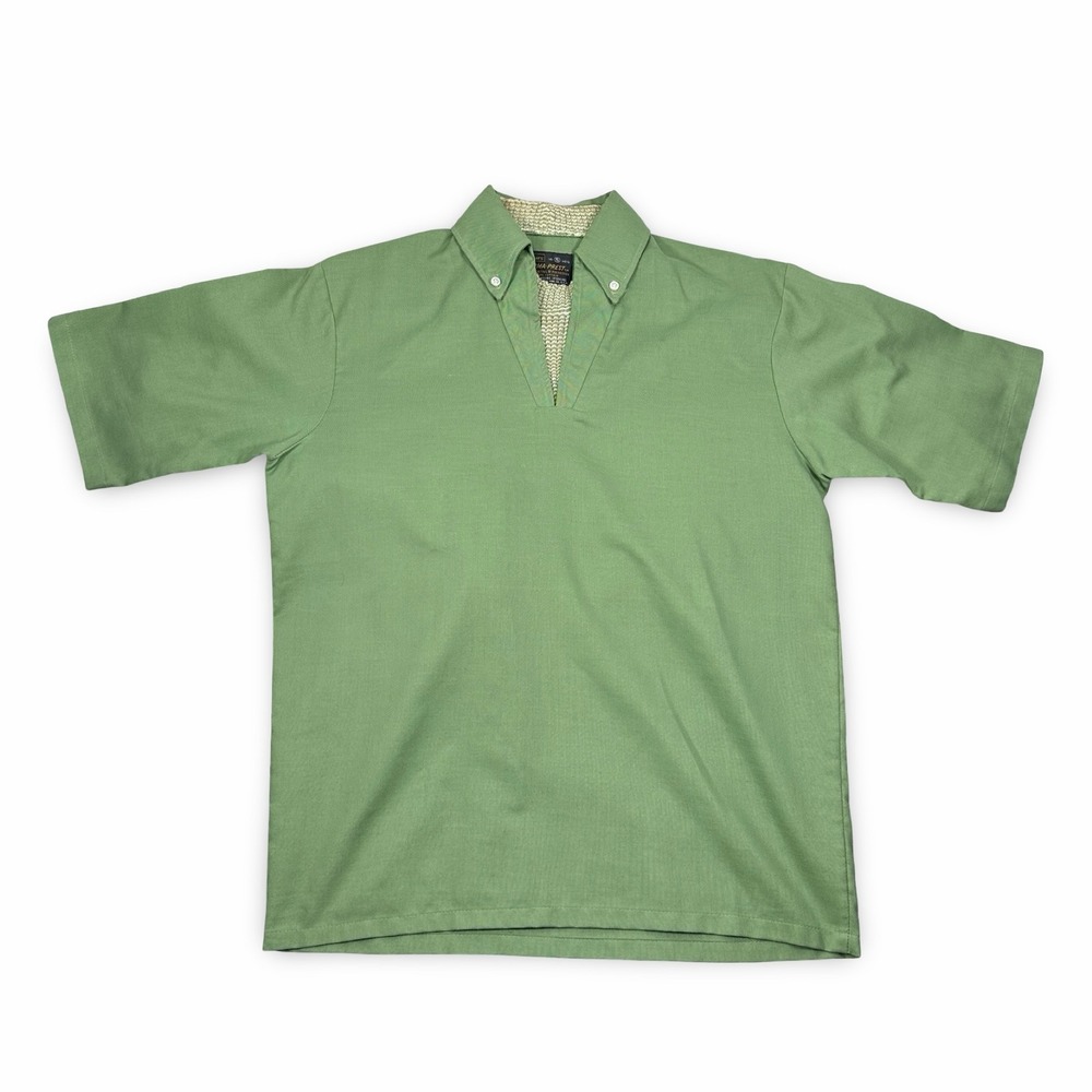 Vintage Sears PermaPrest Men Green Short Sleeve Popover Shirt Faux Sweater Small
